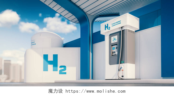 现代风格装修的h2加油站现代蓝白氢气（H2）加油站的概念出现在夏季下午，背景模糊。3d渲染.